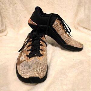 Custom white gold black Nike Metcons, womens size 10